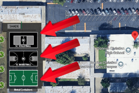 Renderings and concept images of Sonrise Christian High School’s planned athletic training area, including volleyball and basketball courts, artificial turf, weight area, and shaded outdoor student spaces.