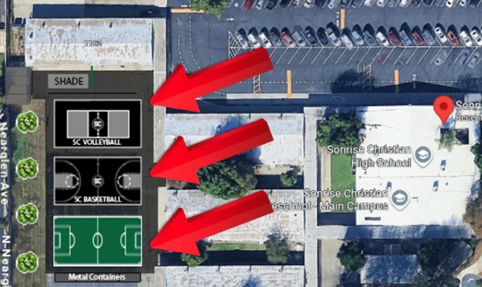 Renderings and concept images of Sonrise Christian High School’s planned athletic training area, including volleyball and basketball courts, artificial turf, weight area, and shaded outdoor student spaces.